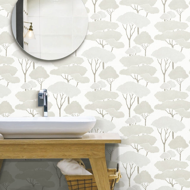Umbrella Pines Brown Peel & Stick Wallpaper with Whimsical Botanical Trees - York RMK12065WP