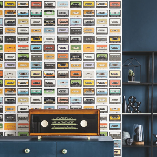 Retro Cassettes Multicolor Peel & Stick Wallpaper with Novelty Retro Pattern - York RMK12080RL