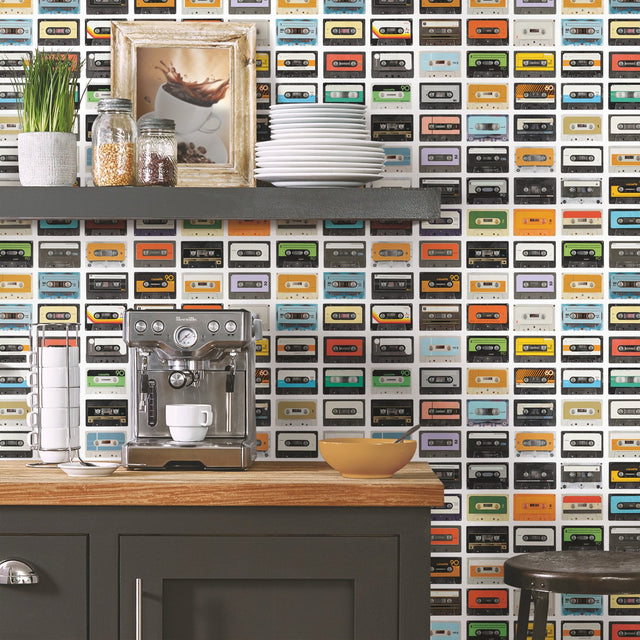Retro Cassettes Multicolor Peel & Stick Wallpaper with Novelty Retro Pattern - York RMK12080RL