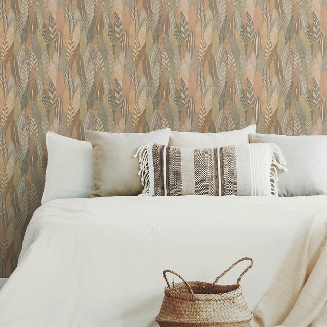 Fern & Feathers Tan Peel & Stick Wallpaper with Modern Nature Novelty Pattern - York RMK12084RL