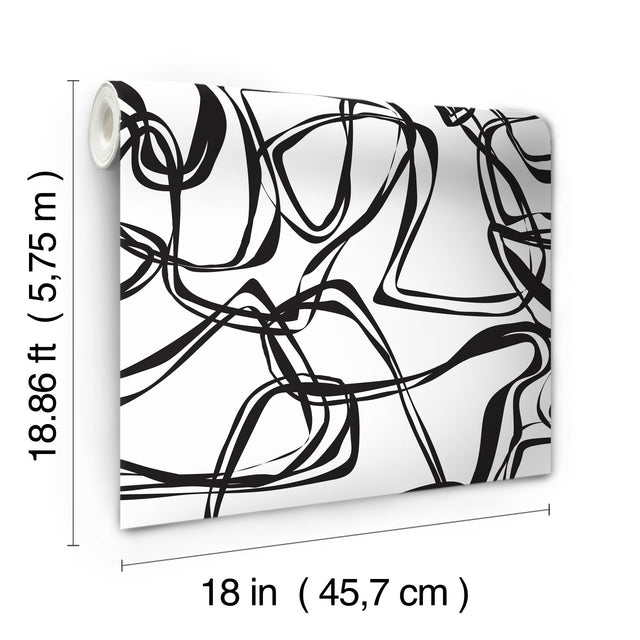 Ribbon Trail Black Peel & Stick Wallpaper with Modern Geometric Linework - York RMK12097RL