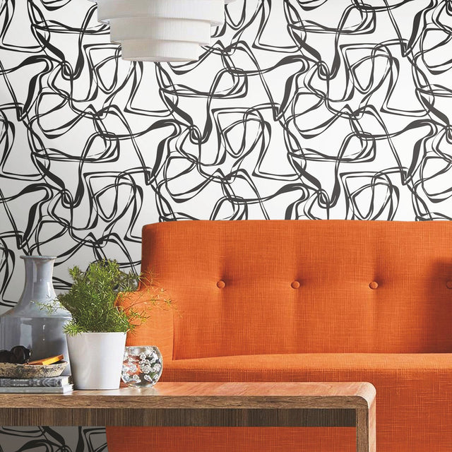 Ribbon Trail Black Peel & Stick Wallpaper with Modern Geometric Linework - York RMK12097RL