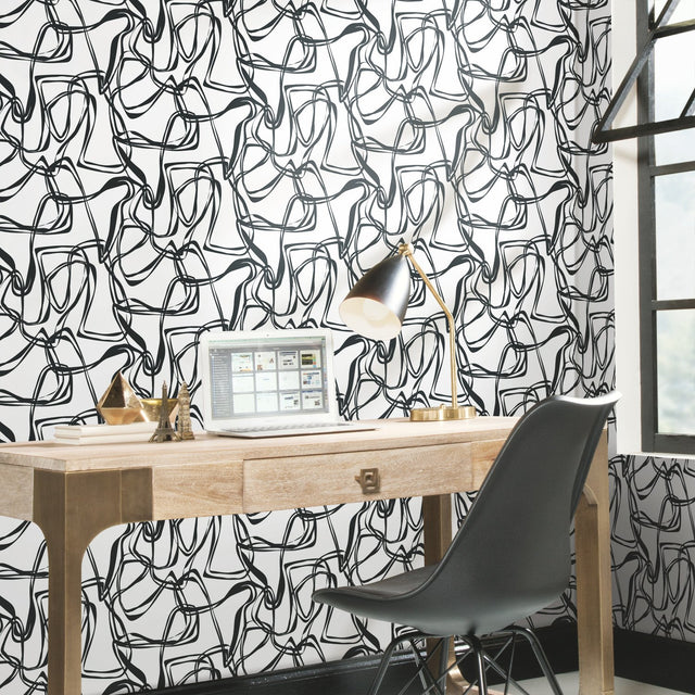 Ribbon Trail Black Peel & Stick Wallpaper with Modern Geometric Linework - York RMK12097RL