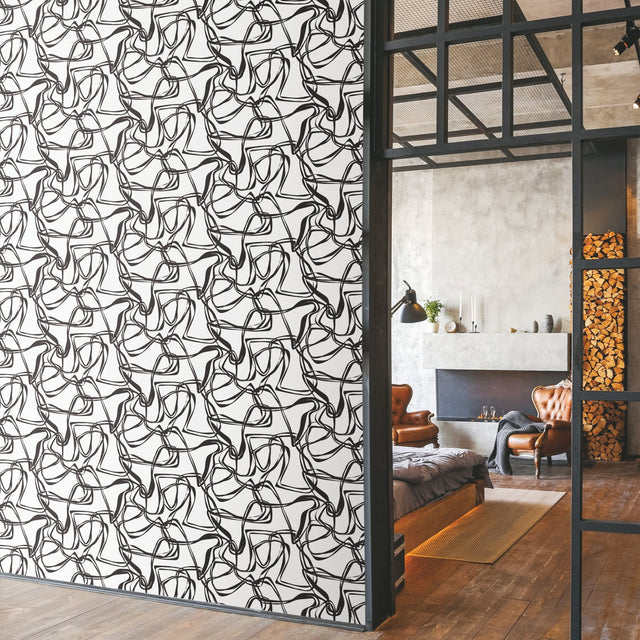 Ribbon Trail Black Peel & Stick Wallpaper with Modern Geometric Linework - York RMK12097RL