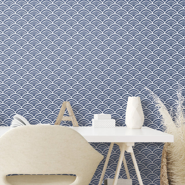 Coastal Scallop Blue Peel & Stick Wallpaper with Geometric Coastal Scallop Motif - York RMK12101RL