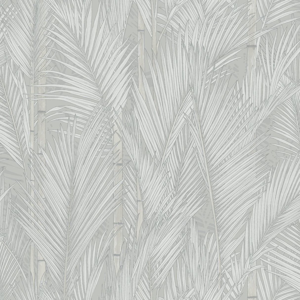 Swaying Fronds Grey Peel & Stick Wallpaper with Pearl Botanical Tropical Leaves - York RMK12102WP