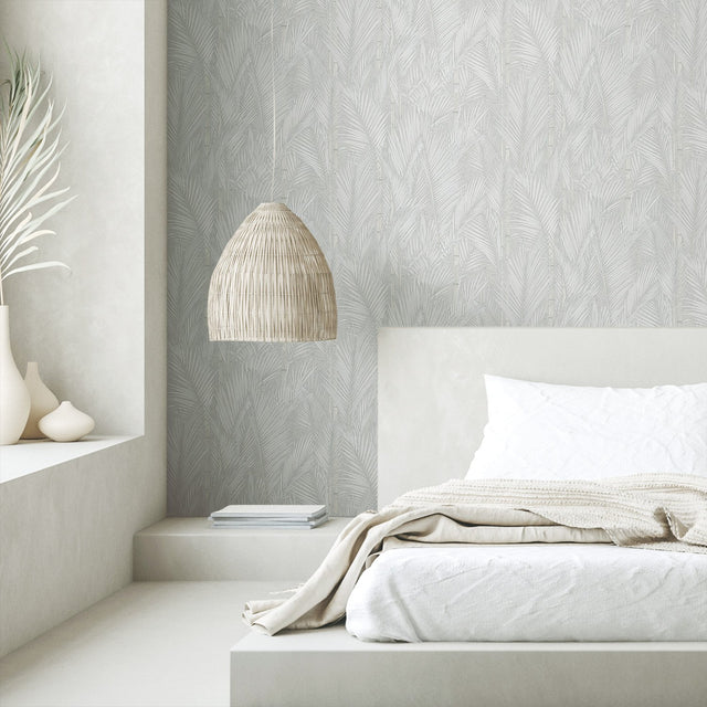 Swaying Fronds Grey Peel & Stick Wallpaper with Pearl Botanical Tropical Leaves - York RMK12102WP
