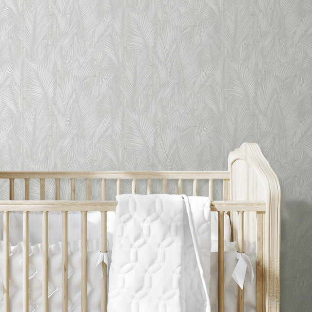 Swaying Fronds Grey Peel & Stick Wallpaper with Pearl Botanical Tropical Leaves - York RMK12102WP