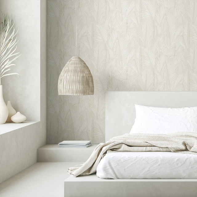 Swaying Fronds Taupe Peel & Stick Wallpaper with Pearl Tropical Botanical Leaf Pattern - York RMK12103WP