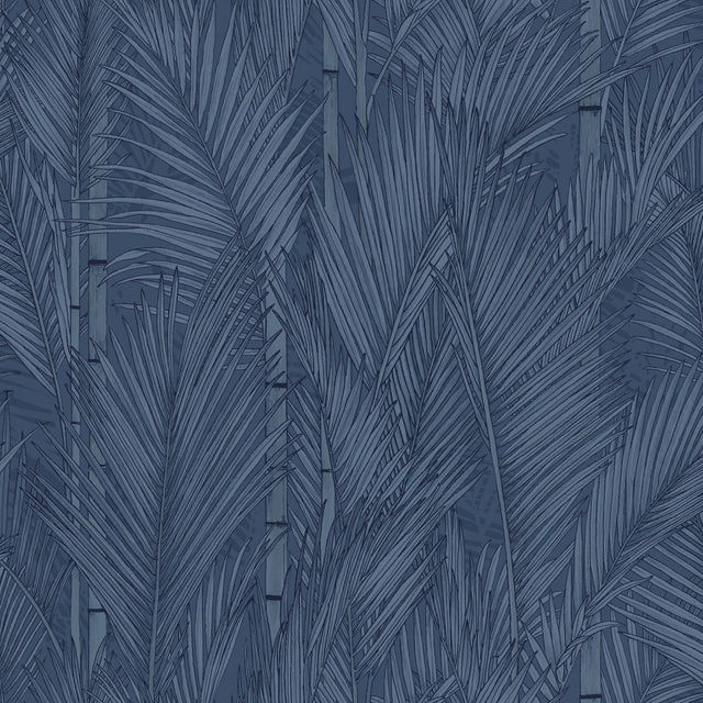 Swaying Fronds Navy Peel & Stick Wallpaper with Pearl Leaf Pattern, Tropical Botanical Style - York RMK12104WP