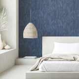 Swaying Fronds Navy Peel & Stick Wallpaper with Pearl Leaf Pattern, Tropical Botanical Style - York RMK12104WP