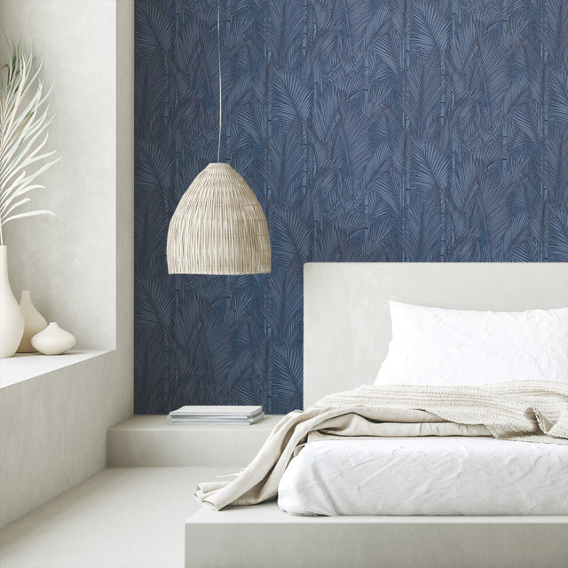 Swaying Fronds Navy Peel & Stick Wallpaper with Pearl Leaf Pattern, Tropical Botanical Style - York RMK12104WP