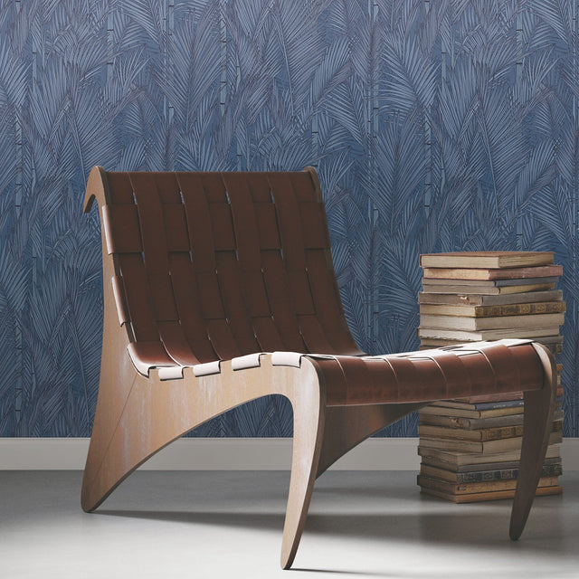 Swaying Fronds Navy Peel & Stick Wallpaper with Pearl Leaf Pattern, Tropical Botanical Style - York RMK12104WP