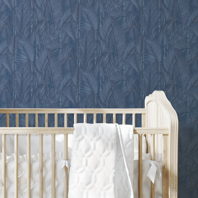 Swaying Fronds Navy Peel & Stick Wallpaper with Pearl Leaf Pattern, Tropical Botanical Style - York RMK12104WP