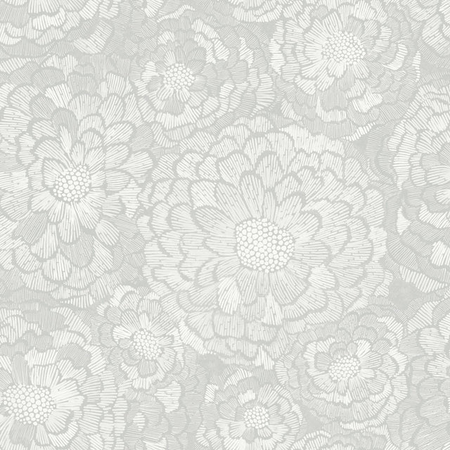 Zen Dahlia Grey and White Peel & Stick Wallpaper with Botanical Floral Motif - York RMK12108WP