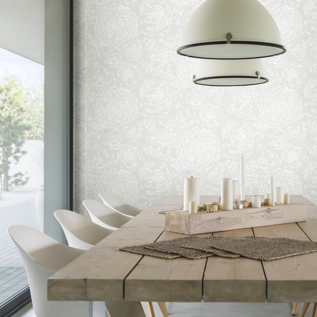 Zen Dahlia Grey and White Peel & Stick Wallpaper with Botanical Floral Motif - York RMK12108WP
