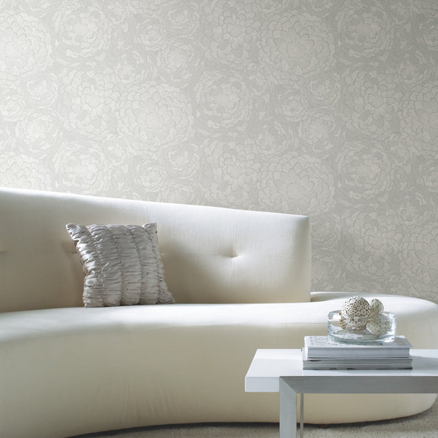 Zen Dahlia Grey and White Peel & Stick Wallpaper with Botanical Floral Motif - York RMK12108WP
