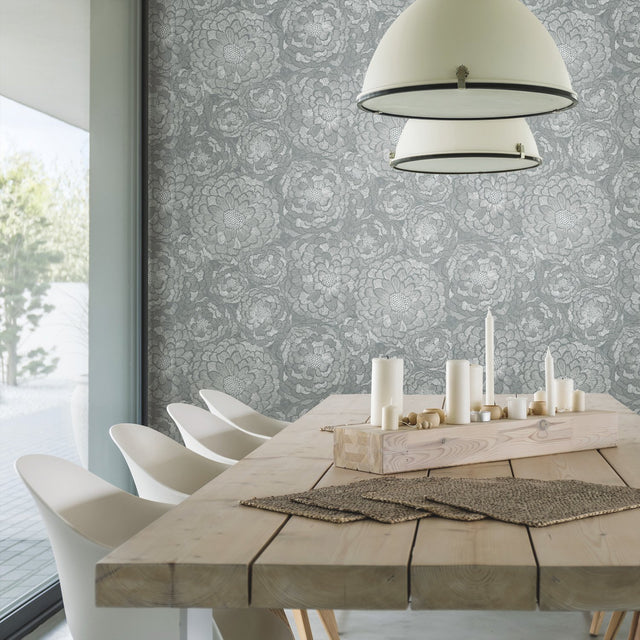 Zen Dahlia Grey Peel & Stick Wallpaper with Modern Botanical Floral Pattern - York RMK12109WP