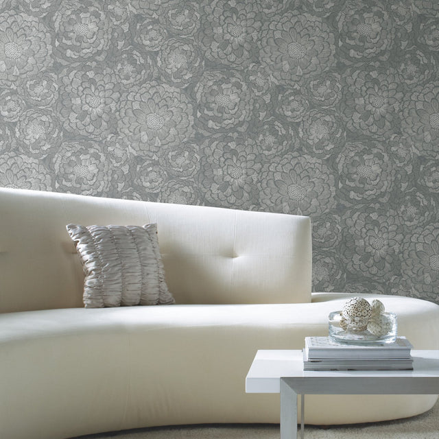 Zen Dahlia Grey Peel & Stick Wallpaper with Modern Botanical Floral Pattern - York RMK12109WP