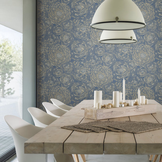 Zen Dahlia Blue Peel & Stick Wallpaper with Modern Botanical Floral Pattern - York RMK12110WP