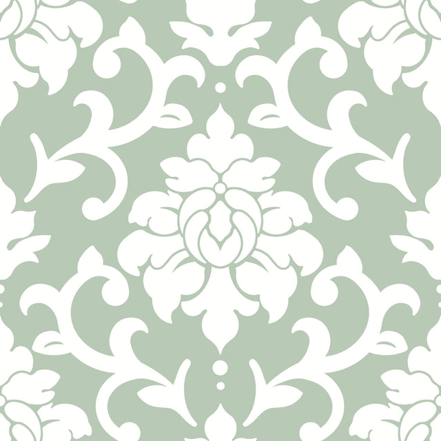 Damask Green Peel & Stick Wallpaper with Traditional Damask Pattern - York RMK12116WP
