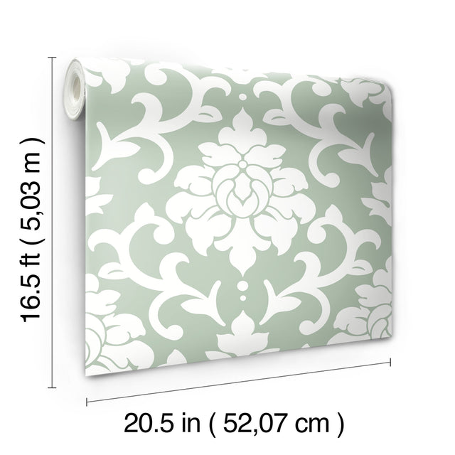 Damask Green Peel & Stick Wallpaper with Traditional Damask Pattern - York RMK12116WP