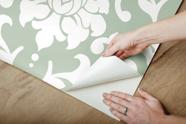 Damask Green Peel & Stick Wallpaper with Traditional Damask Pattern - York RMK12116WP