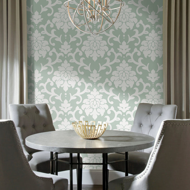 Damask Green Peel & Stick Wallpaper with Traditional Damask Pattern - York RMK12116WP