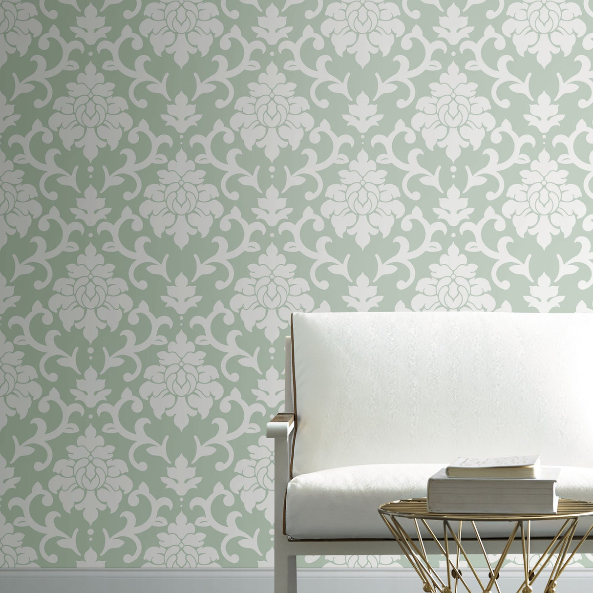 Damask Green Peel & Stick Wallpaper with Traditional Damask Pattern - York RMK12116WP