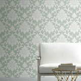 Damask Green Peel & Stick Wallpaper with Traditional Damask Pattern - York RMK12116WP