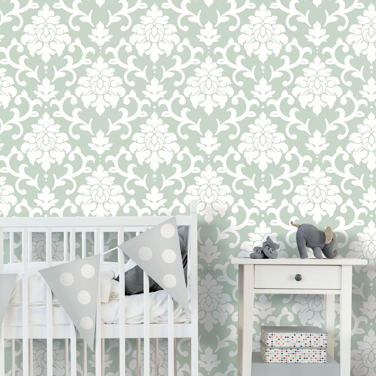 Damask Green Peel & Stick Wallpaper with Traditional Damask Pattern - York RMK12116WP