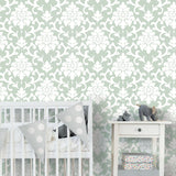 Damask Green Peel & Stick Wallpaper with Traditional Damask Pattern - York RMK12116WP