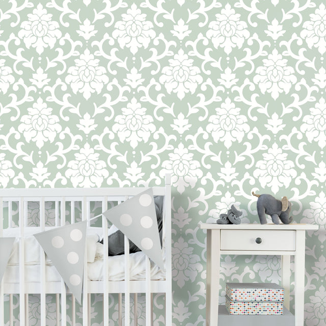 Damask Green Peel & Stick Wallpaper with Traditional Damask Pattern - York RMK12116WP