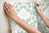Damask Green Peel & Stick Wallpaper with Traditional Damask Pattern - York RMK12116WP