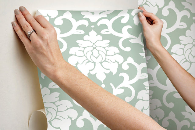 Damask Green Peel & Stick Wallpaper with Traditional Damask Pattern - York RMK12116WP