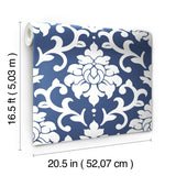 Damask Blue Peel & Stick Wallpaper with Traditional Damask Pattern - York RMK12119WP