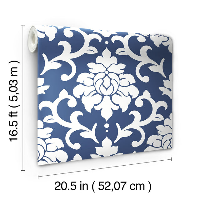 Damask Blue Peel & Stick Wallpaper with Traditional Damask Pattern - York RMK12119WP