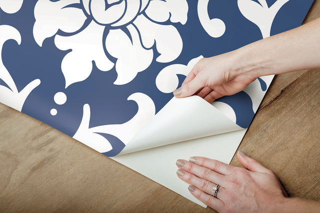 Damask Blue Peel & Stick Wallpaper with Traditional Damask Pattern - York RMK12119WP