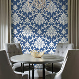 Damask Blue Peel & Stick Wallpaper with Traditional Damask Pattern - York RMK12119WP