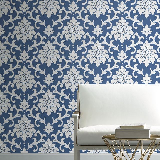 Damask Blue Peel & Stick Wallpaper with Traditional Damask Pattern - York RMK12119WP