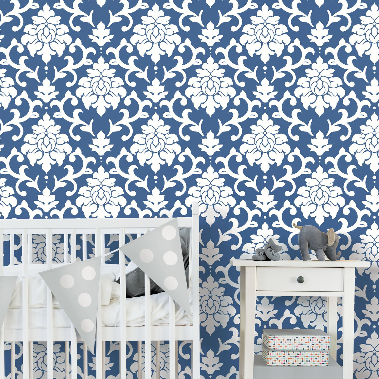 Damask Blue Peel & Stick Wallpaper with Traditional Damask Pattern - York RMK12119WP