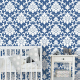Damask Blue Peel & Stick Wallpaper with Traditional Damask Pattern - York RMK12119WP