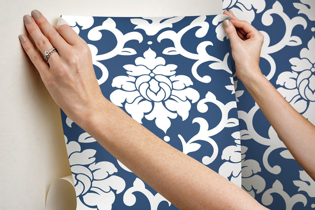 Damask Blue Peel & Stick Wallpaper with Traditional Damask Pattern - York RMK12119WP