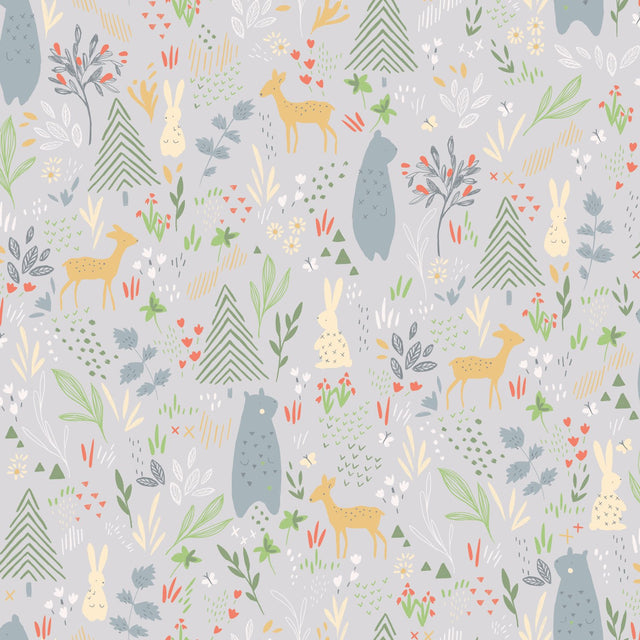 Spring Forest Pals Grey Peel & Stick Wallpaper with Woodland Animals Pattern - York RMK12120RL