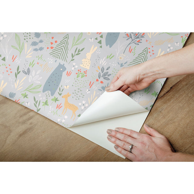 Spring Forest Pals Grey Peel & Stick Wallpaper with Woodland Animals Pattern - York RMK12120RL