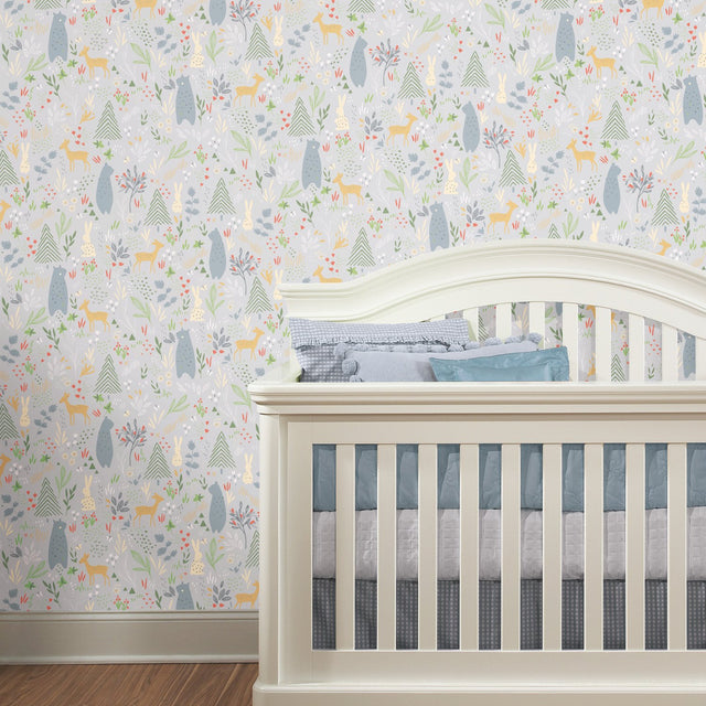 Spring Forest Pals Grey Peel & Stick Wallpaper with Woodland Animals Pattern - York RMK12120RL