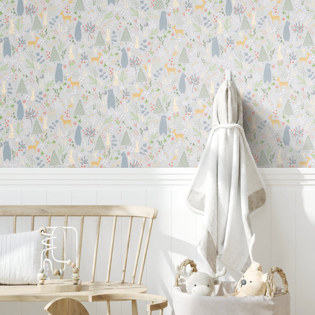 Spring Forest Pals Grey Peel & Stick Wallpaper with Woodland Animals Pattern - York RMK12120RL
