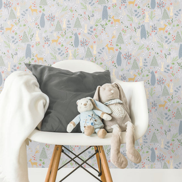 Spring Forest Pals Grey Peel & Stick Wallpaper with Woodland Animals Pattern - York RMK12120RL