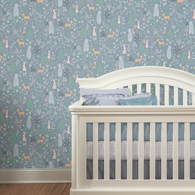 Spring Forest Pals Grey Peel & Stick Wallpaper with Woodland Animals Pattern - York RMK12121RL