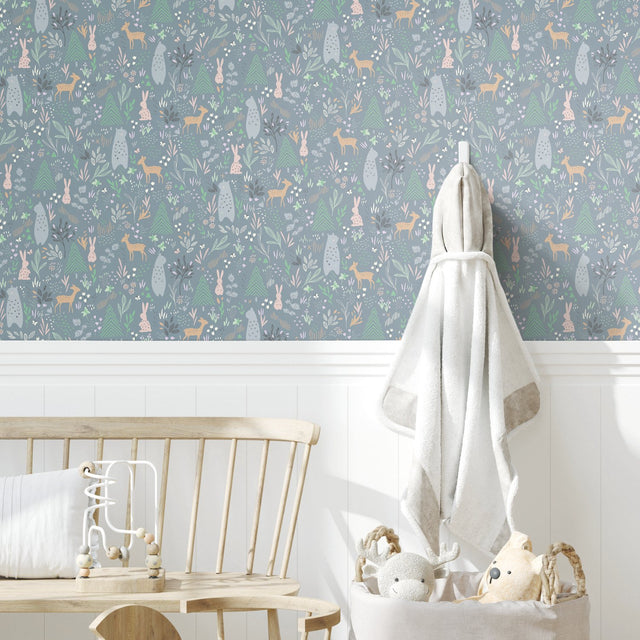 Spring Forest Pals Grey Peel & Stick Wallpaper with Woodland Animals Pattern - York RMK12121RL